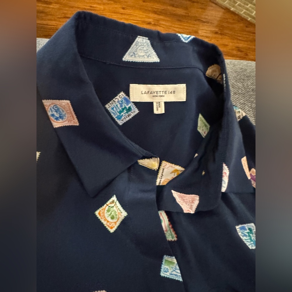 Lafayette 148 New York Navy Stamp Print Button Down Shirt - Picture 3 of 4